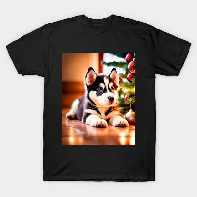 Husky Puppy Dog by Christmas Tree T-Shirt by nicecorgi